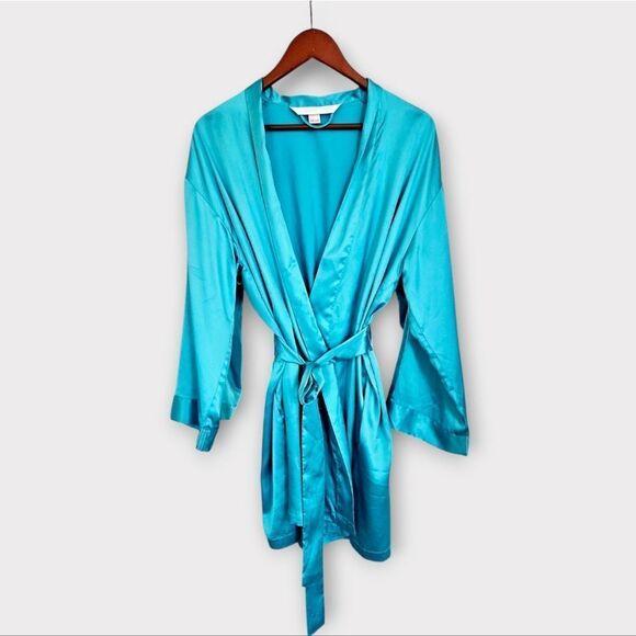 Vintage Victoria's Secret Y2K Satin Kimono Robe With Belt in Angels Teal Blue OS - Picture 1 of 3